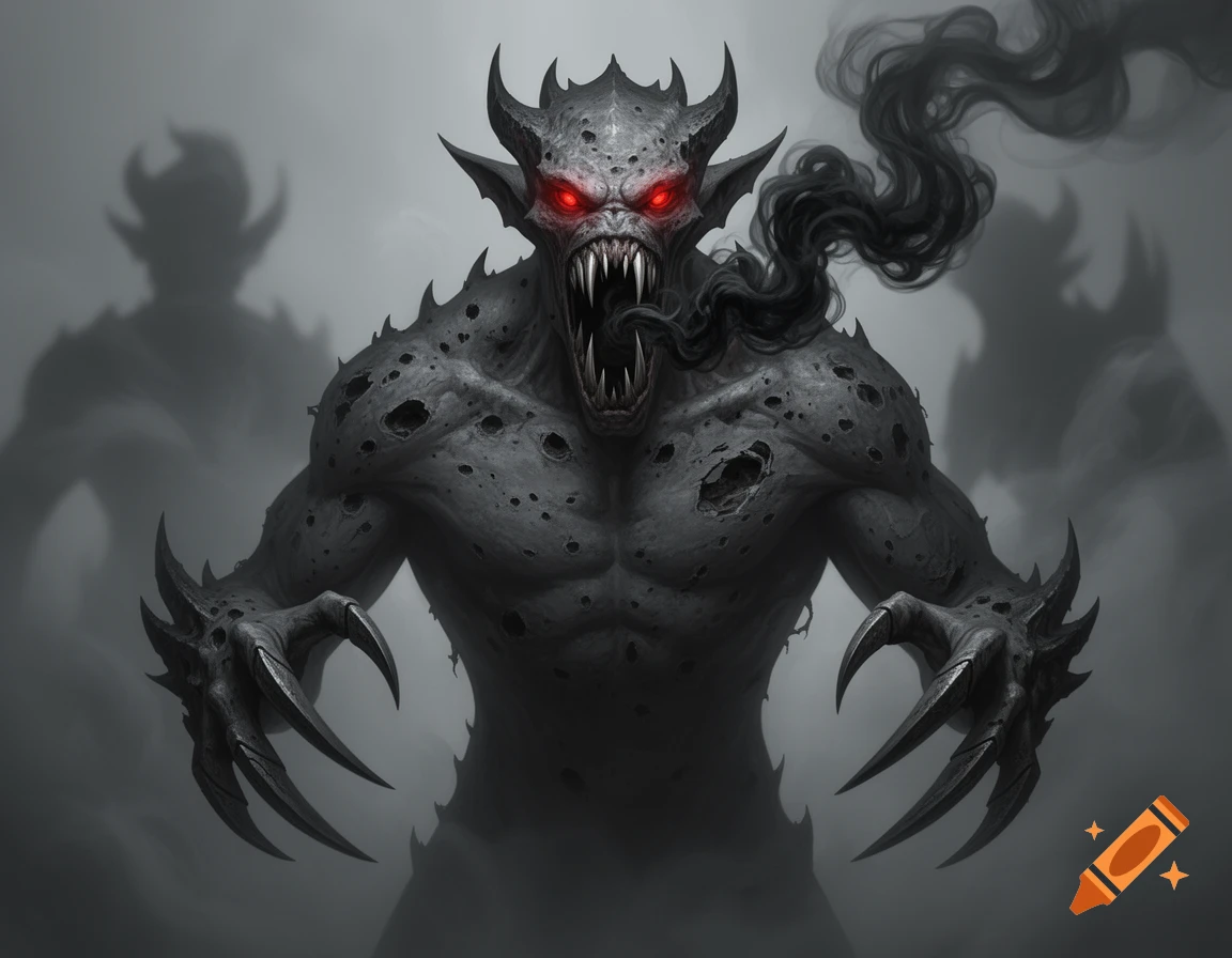 A menacing demon with glowing red eyes, sharp fangs, claws, and dark, decaying skin, emitting black smoke from its mouth, in a foggy setting.