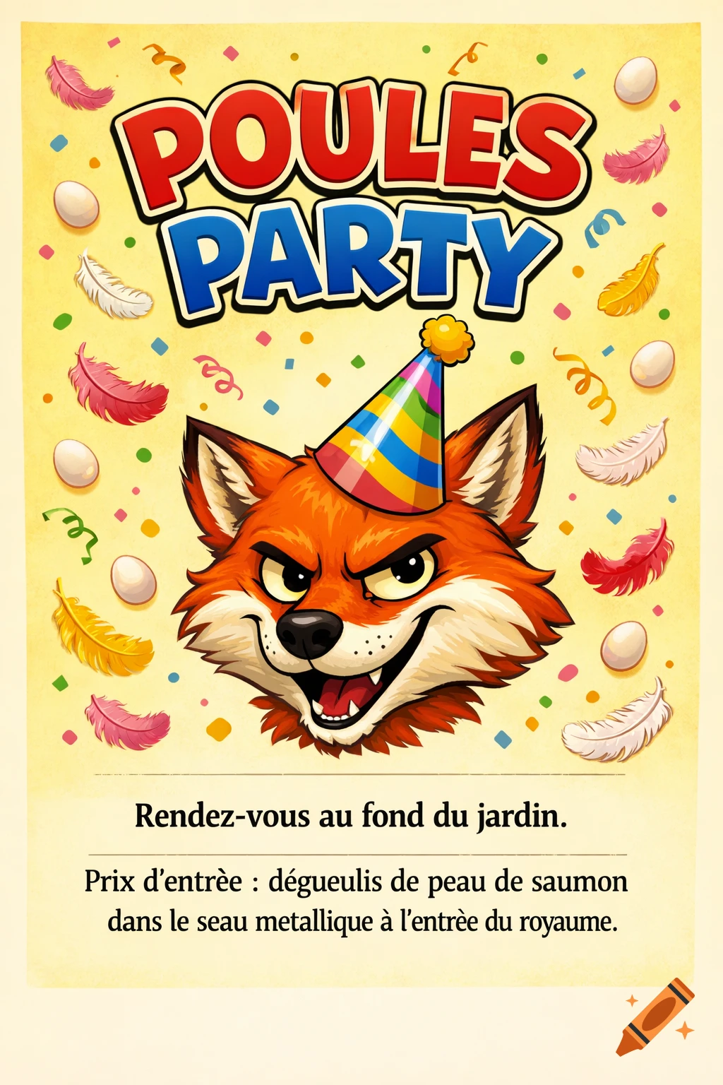 A humorous cartoon poster features a mischievous fox wearing a party hat, surrounded by colorful confetti, feathers, and eggs.