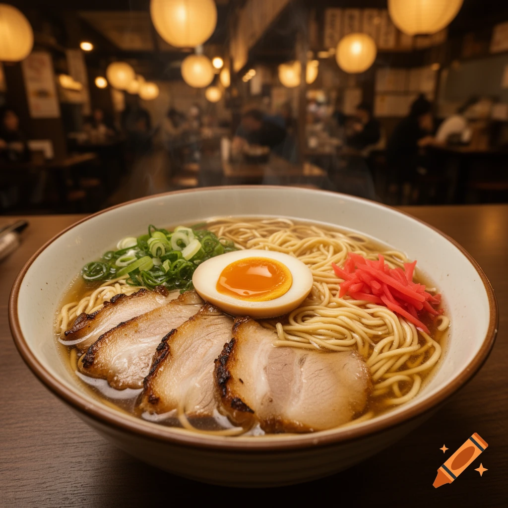 A close-up photorealistic shot of a steaming bowl of ramen with pork, egg, and green onions in a warm restaurant.