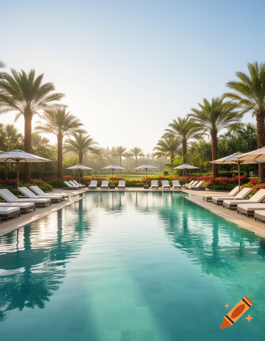 A serene resort swimming pool lined with lounge chairs and umbrellas, flanked by palm trees under a bright, clear sky.