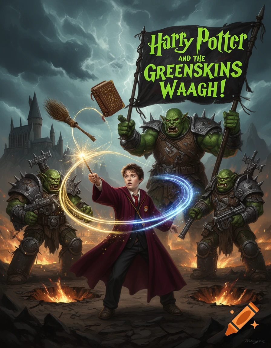 Harry Potter casts a spell with orcs holding a 'Greenskins Waagh!' flag on a stormy, fiery battlefield featuring a castle. Movie poster style.