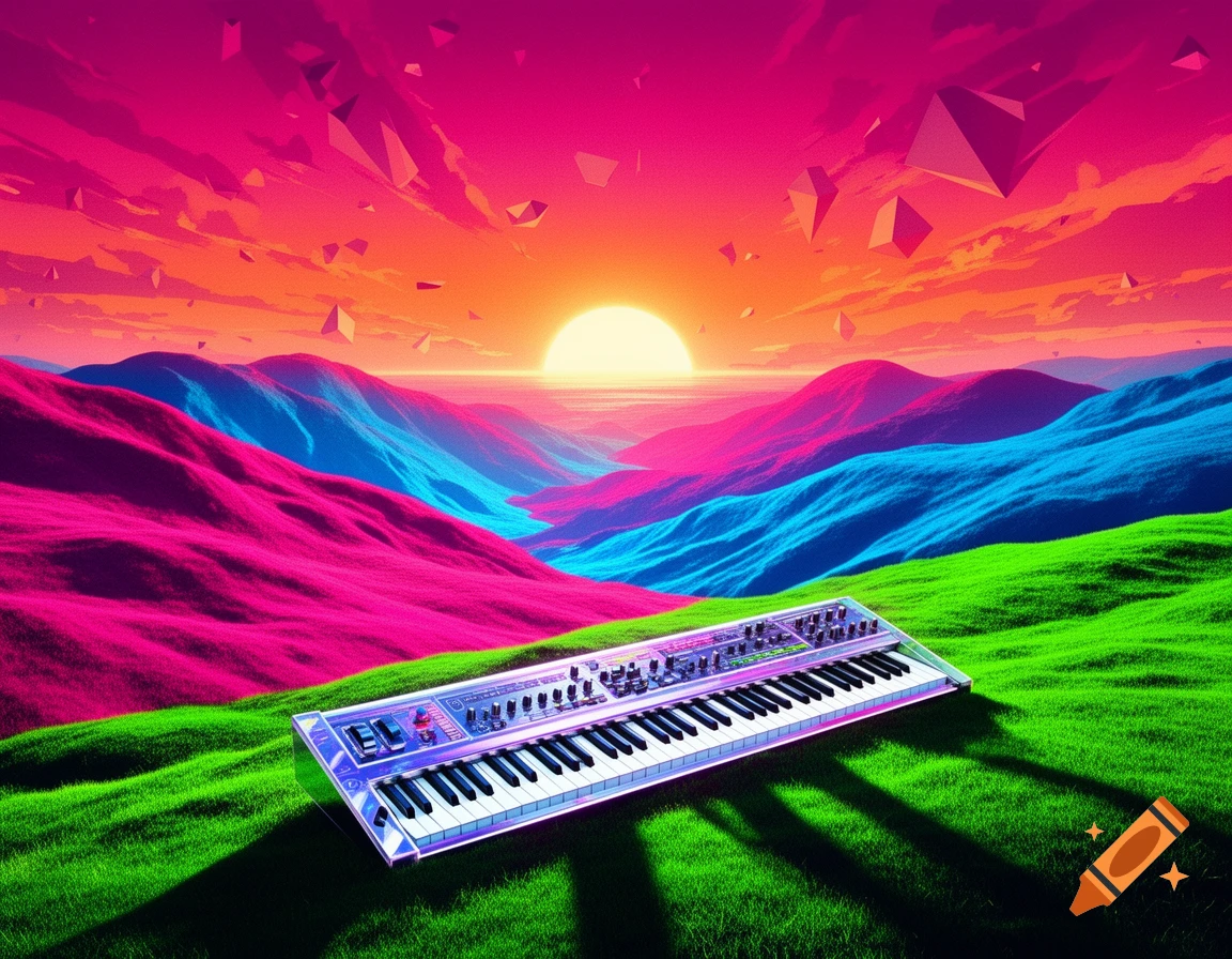 A synthesizer rests on a bright green grassy hill, overlooking a vibrant neon landscape with pink and blue mountains under an orange sunset sky with floating geometric shapes, in an 80s pop art style.