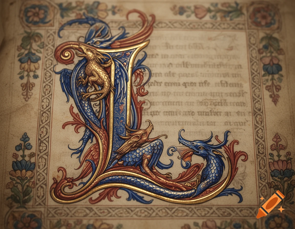 An intricately decorated initial letter 'L' from an illuminated manuscript, formed by intertwining blue, gold, and red dragons on a textured page with faint background script.