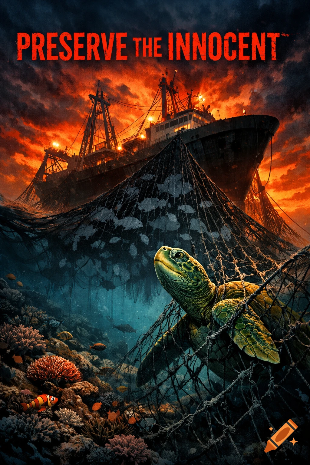 A sea turtle caught in a fishing net under a large boat, with a fiery sky and coral reef below, in a dramatic illustration.