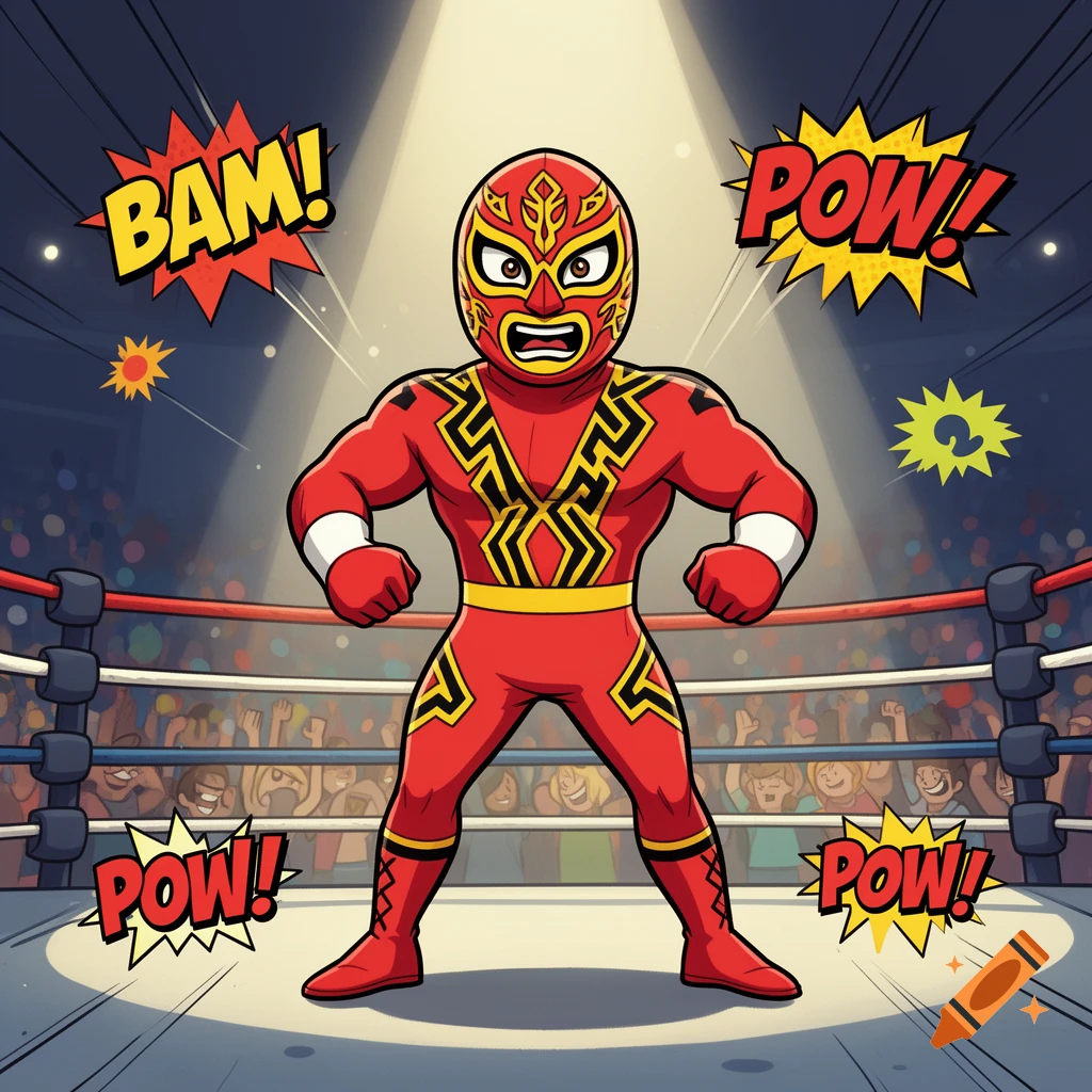 A cartoon red luchador stands in a wrestling ring under a spotlight, with 'BAM!' and 'POW!' comic sound effects, as a crowd watches.