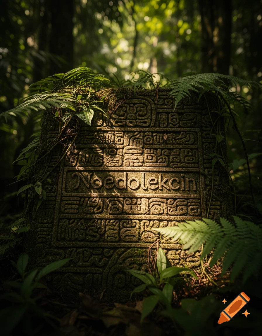 Ancient stone tablet with 'Noedolekcin' and glyphs, overgrown with ferns in a lush, sunlit jungle.