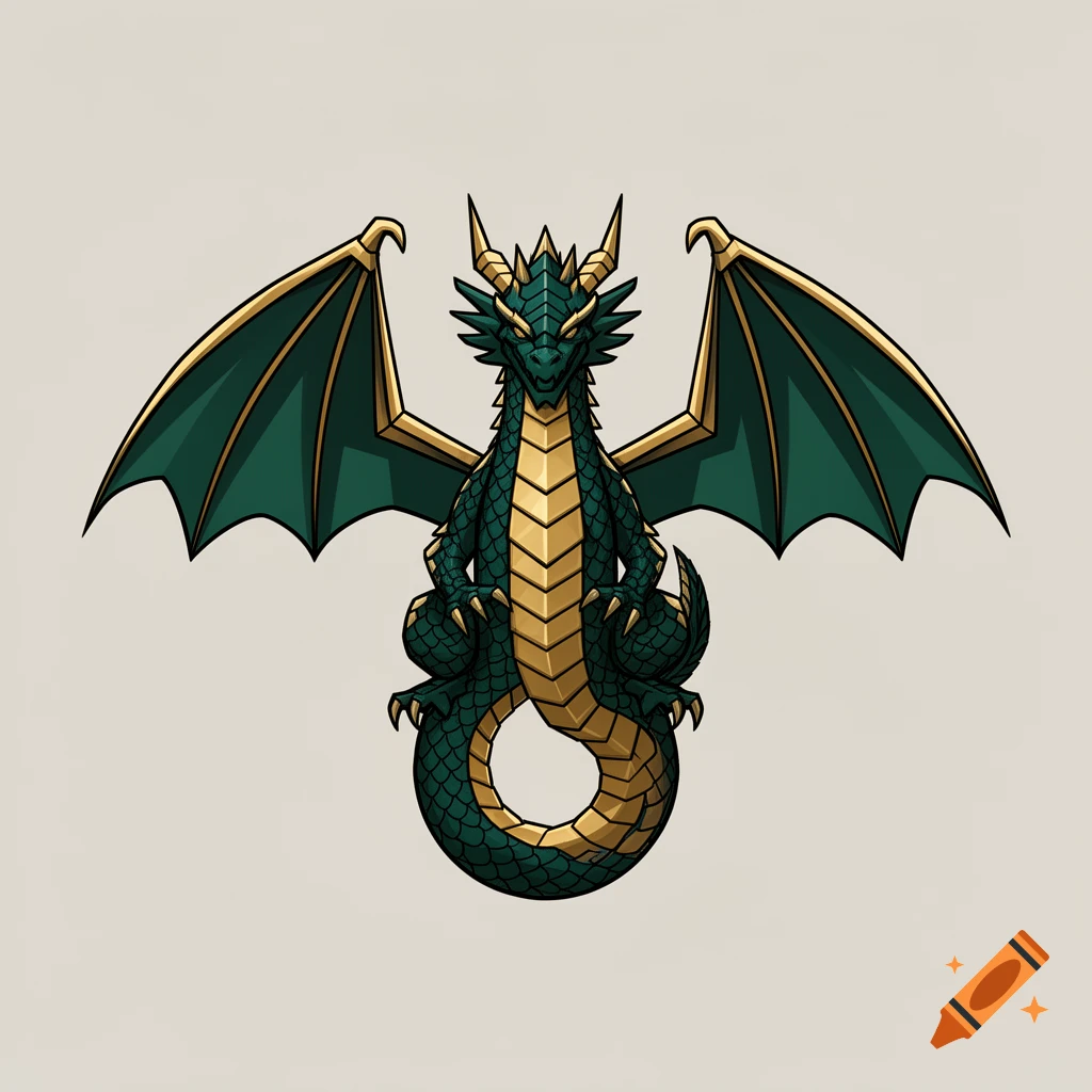 A stylized green and gold dragon with outstretched wings and a coiled tail, viewed from above on a light background.