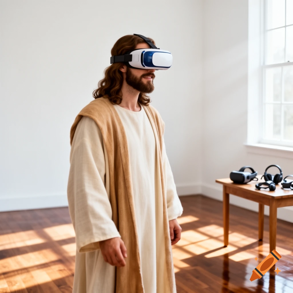 Jesus, wearing a VR headset, stands in a brightly lit minimalist room with a wooden table holding more VR gear.