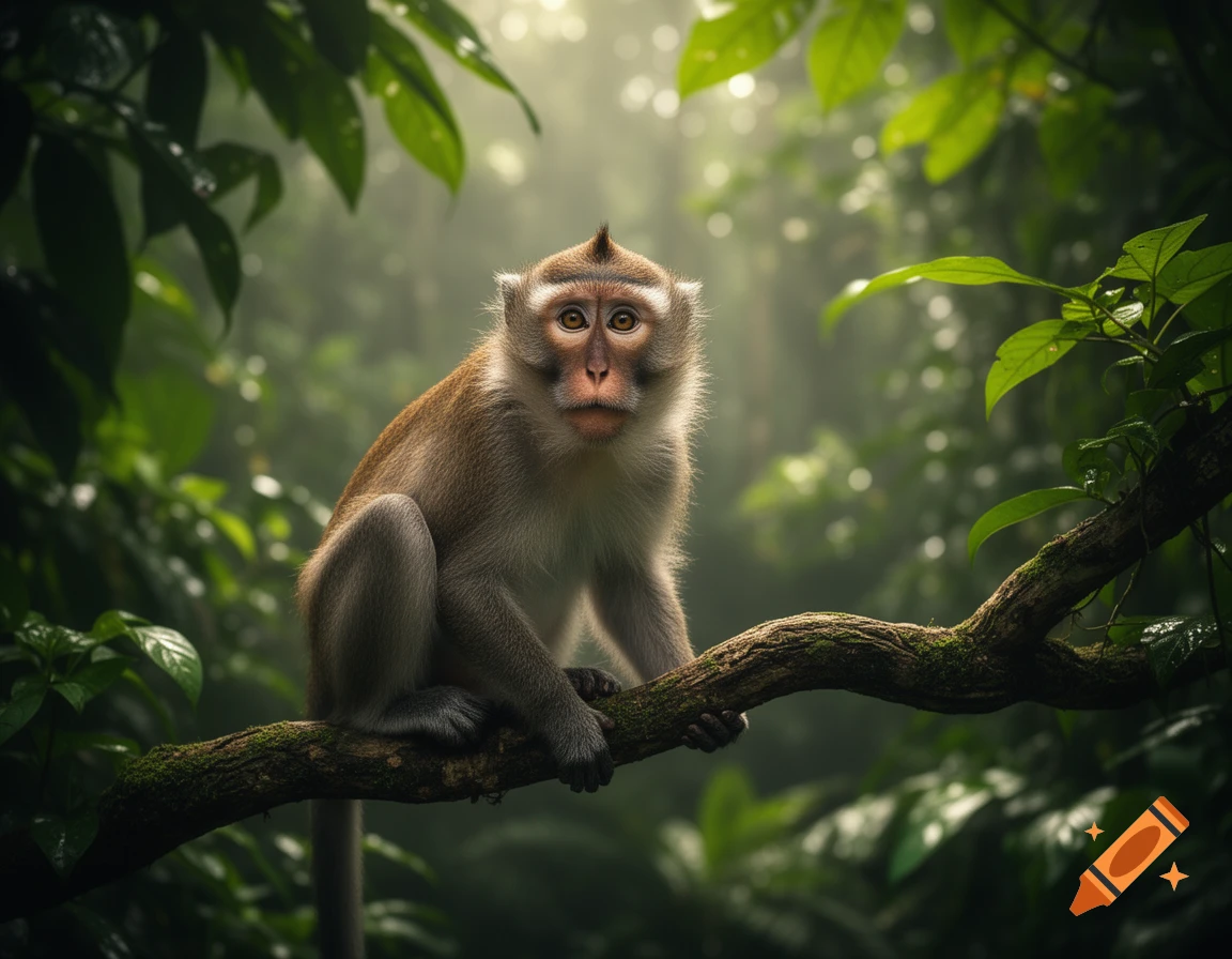 A macaque monkey with brown fur and a pink face sits on a mossy tree branch in a lush, misty jungle.