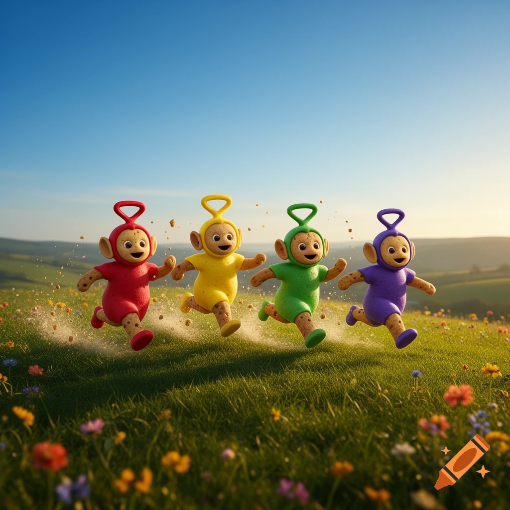 Four colorful cookie-like Teletubbies run through a vibrant green meadow with flowers under a clear blue sky, kicking up crumbs.