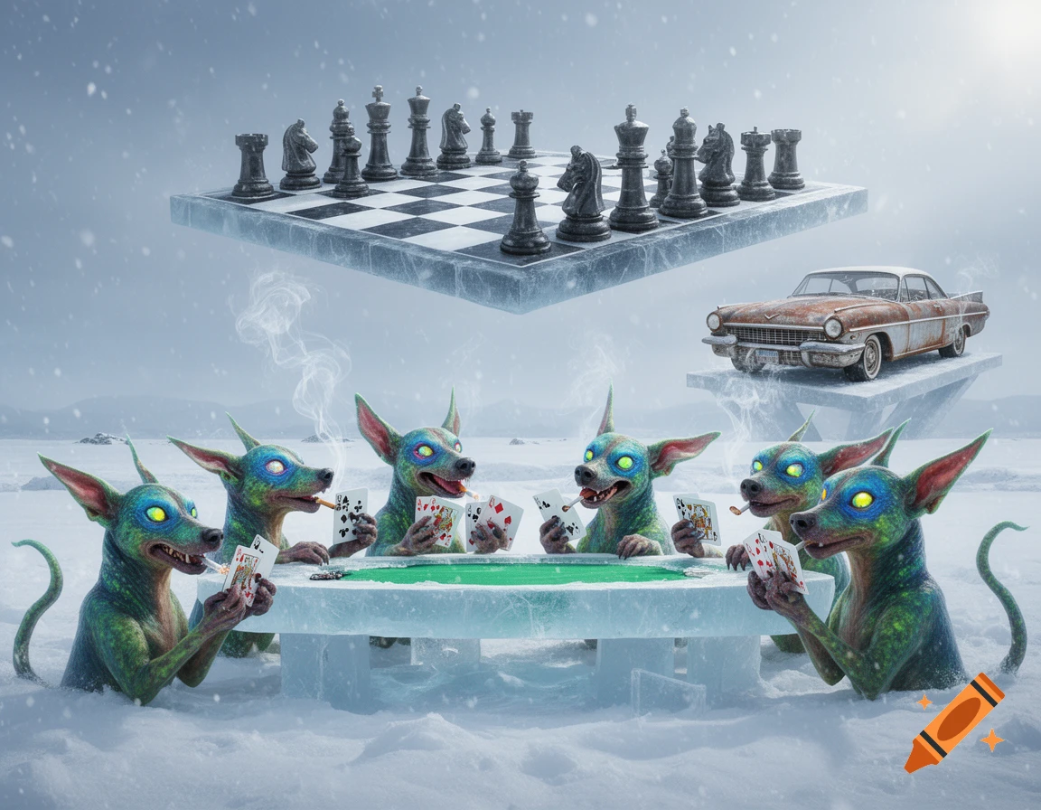Green alien dog-like creatures with glowing eyes play poker around an ice table in a snowy landscape. Above them, a chess board floats in the sky next to an old, rusted car.