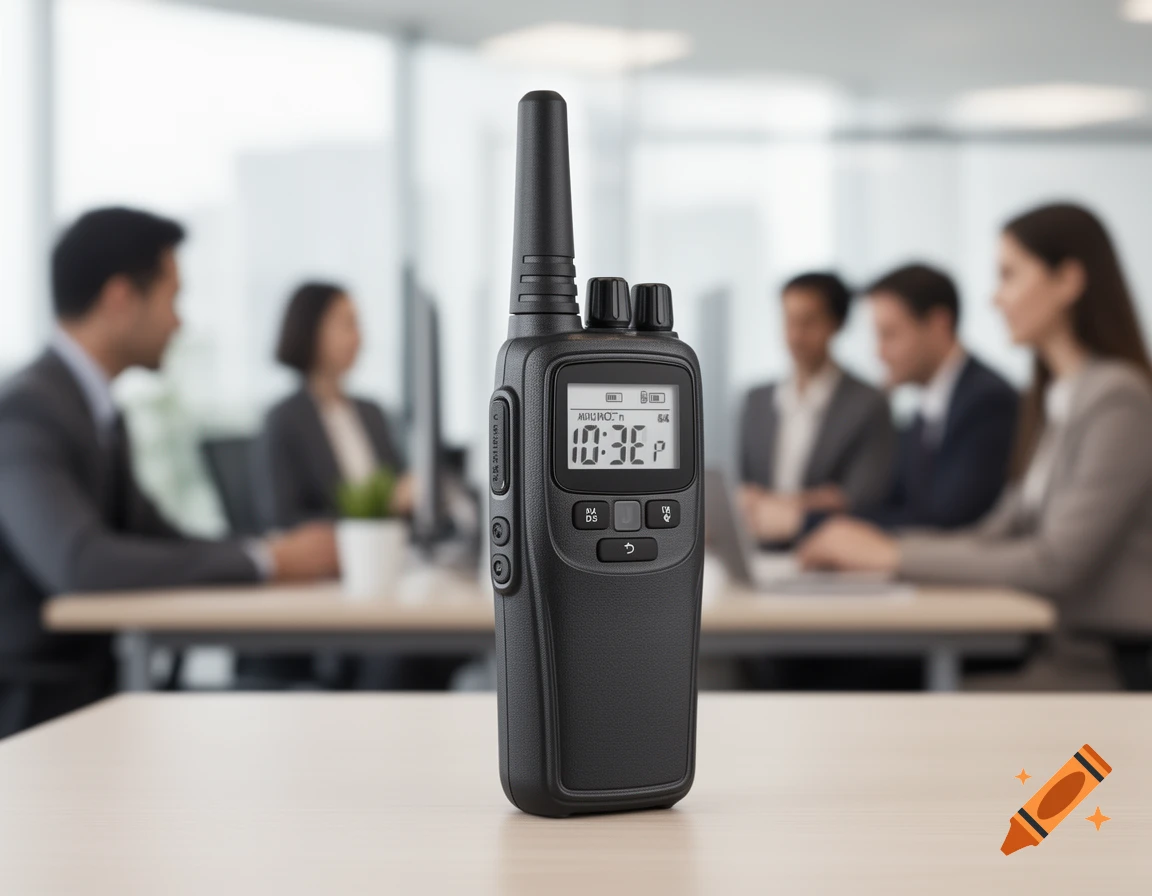 A black two-way radio with a digital screen stands on a wooden desk, with blurred business professionals in an office meeting in the background.