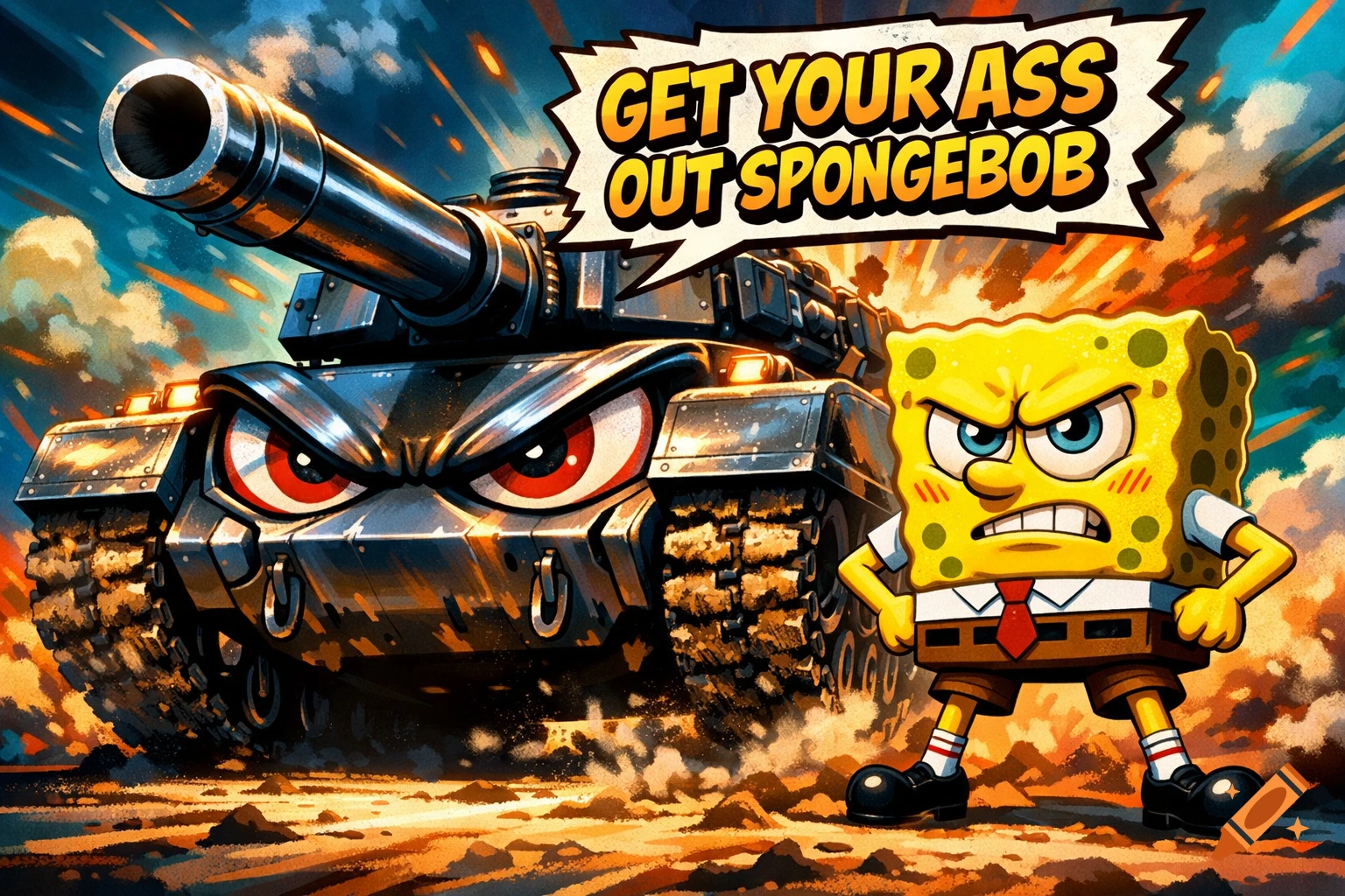 Angry Spongebob stands in front of a menacing tank with angry red eyes in a comic book style. A speech bubble above the tank says 'GET YOUR ASS OUT SPONGEBOB'.