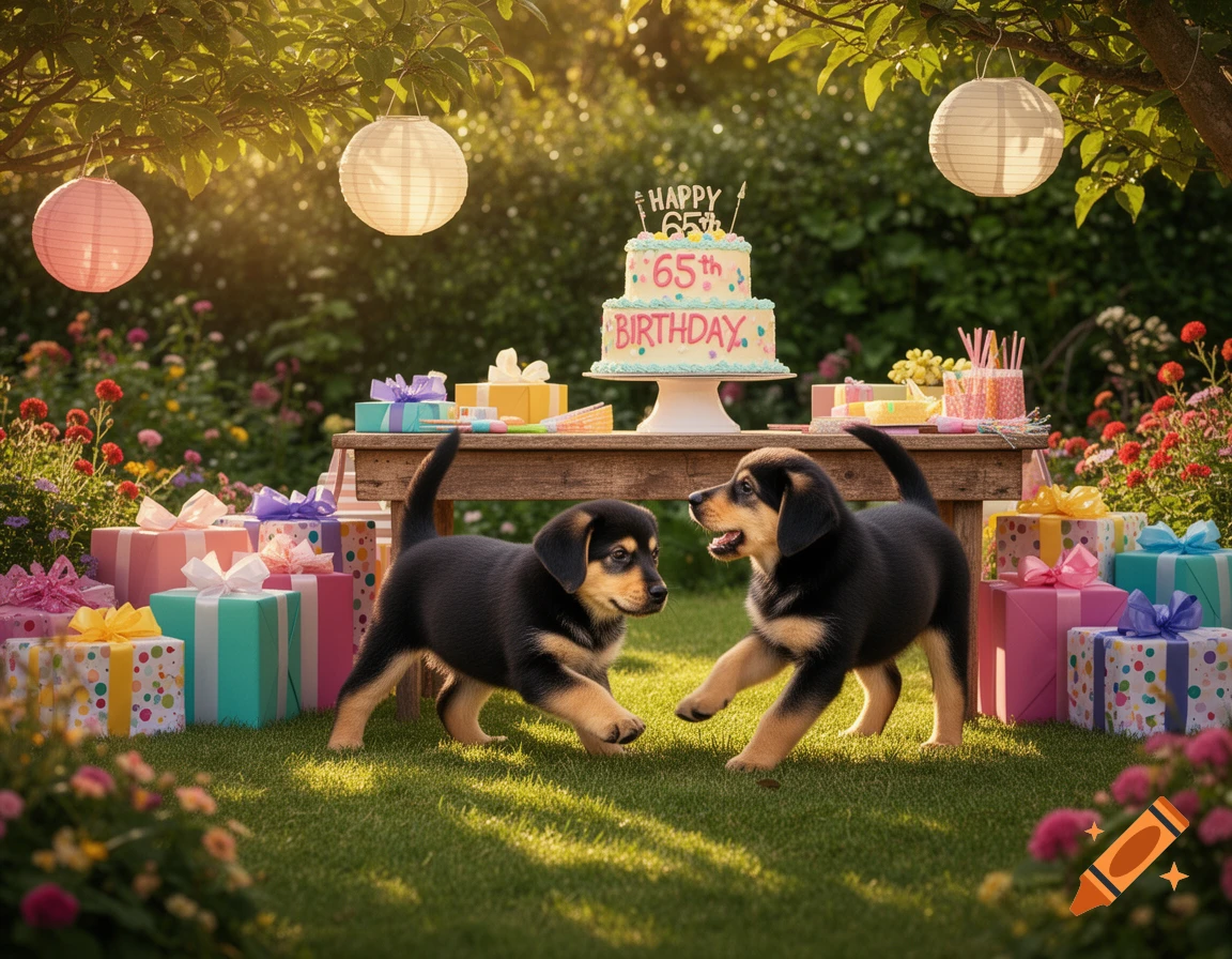 Two black and tan puppies play in a sunny garden decorated for a 65th birthday party with a cake and presents.