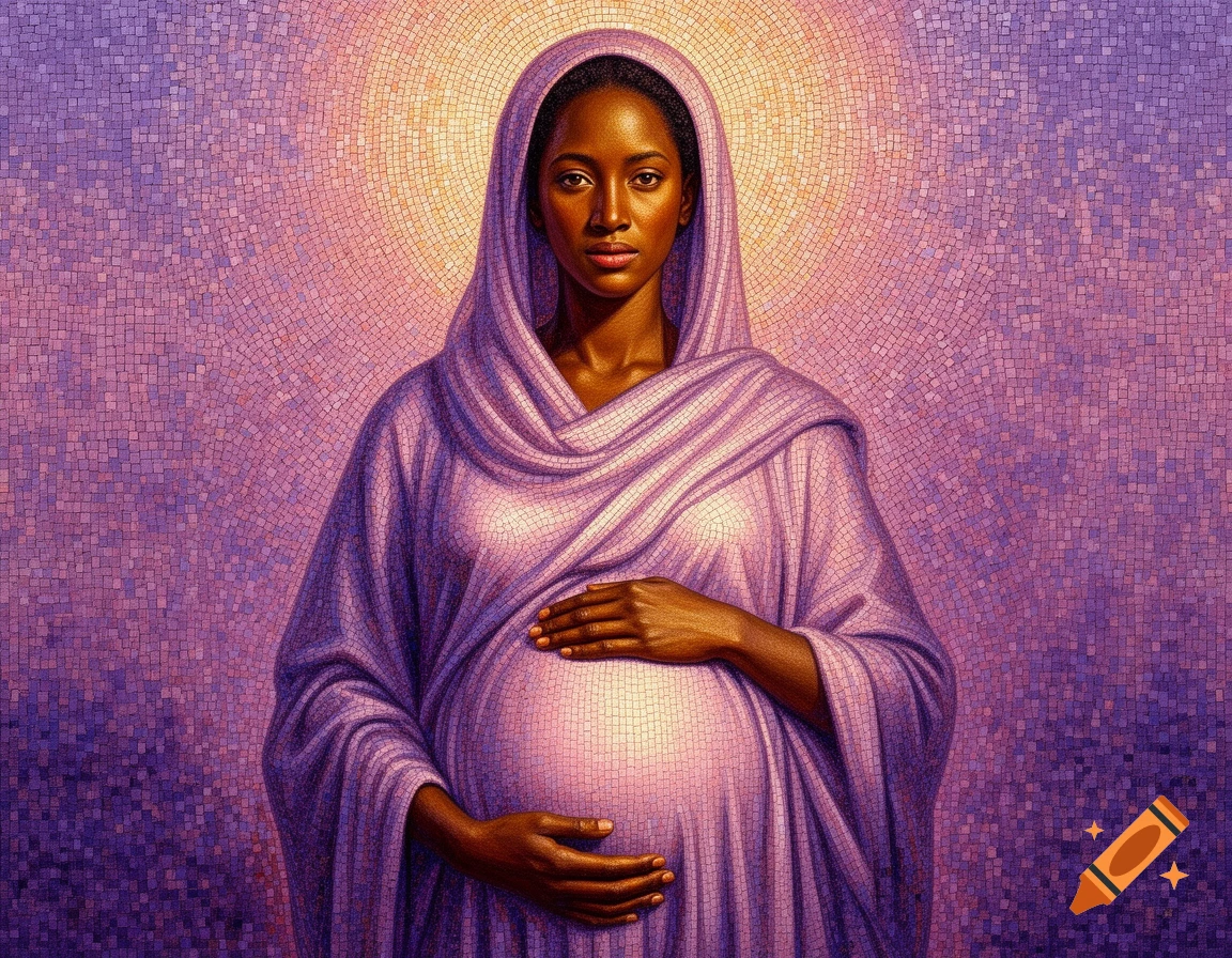 Mosaic art of a dark-skinned pregnant woman in purple robes, hands on her belly, against a radiant purple and pink background.