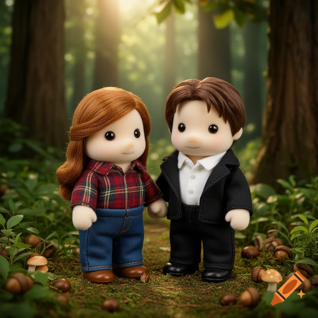 Two Sylvanian Families-style dolls, one with red hair and a plaid shirt, the other in a suit, standing hand-in-hand in a sunlit forest.