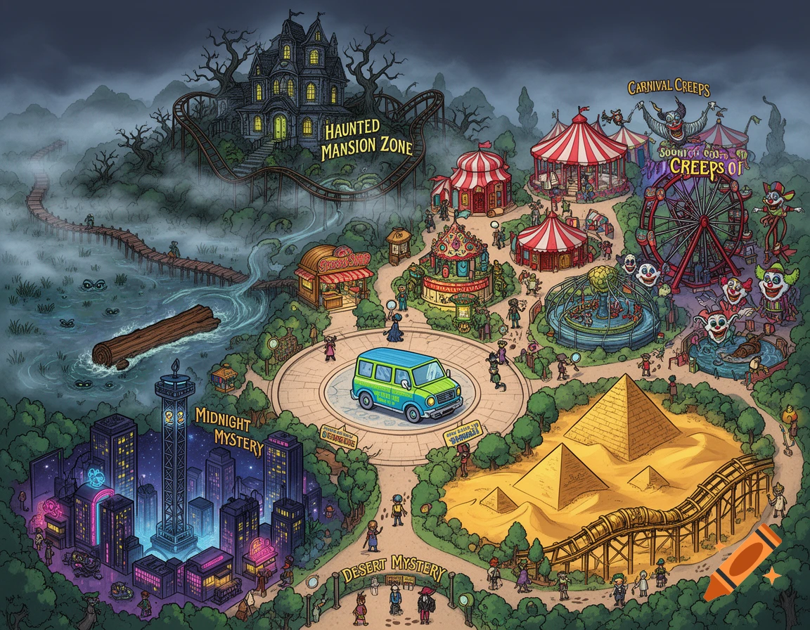 An illustrated top-down map of a cartoon-style amusement park with themed zones: a haunted mansion, a creepy carnival, a neon city, and a desert with pyramids. A retro mystery van sits in the center.