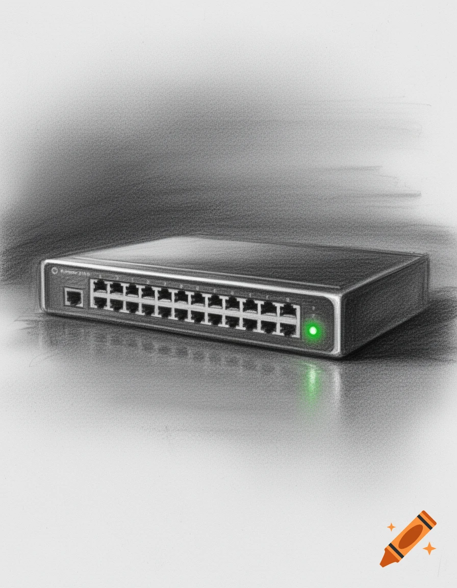 Charcoal sketch of a networking switch with a green light glowing on a grey background.