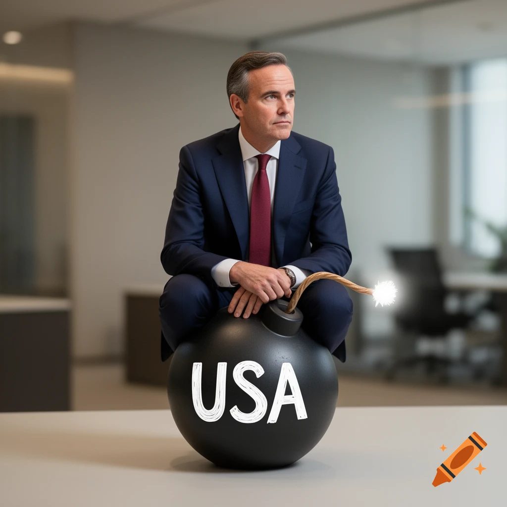 A man in a suit sits on a black bomb with a lit fuse, which has 'USA' written on it, in an office setting.