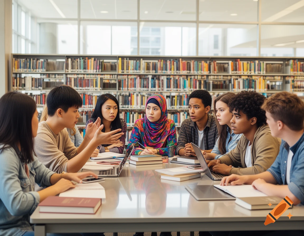 Diverse group of students working together at a table in a library, a young man gestures while speaking.