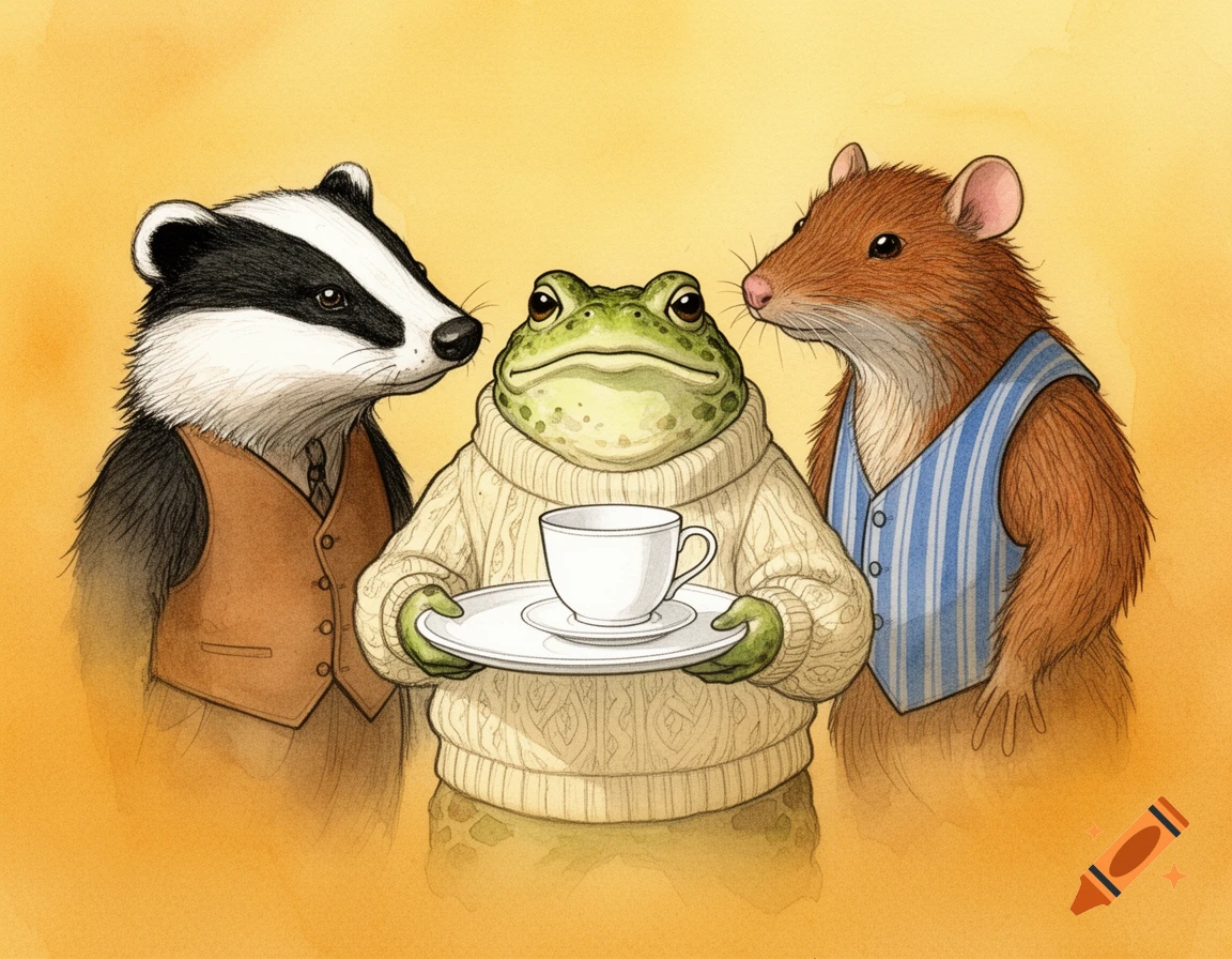 Watercolor illustration of an anthropomorphic frog in a sweater holding a teacup, flanked by a badger in a vest and a water rat.