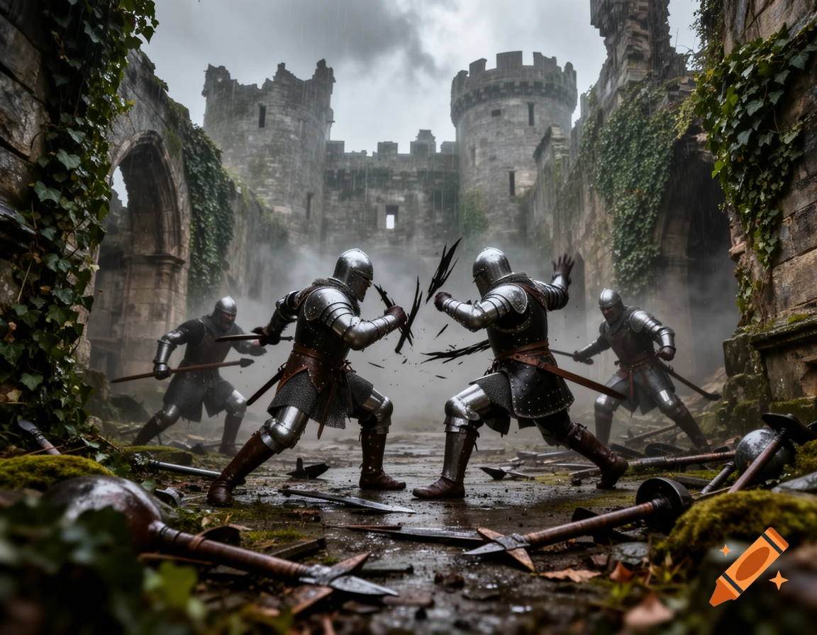Two knights in shining armor clash swords in a dark, ruined castle courtyard under a gloomy sky.