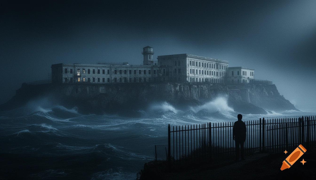 Alcatraz prison at night on a rocky island amidst stormy waves and fog, viewed by a silhouetted figure through a fence.