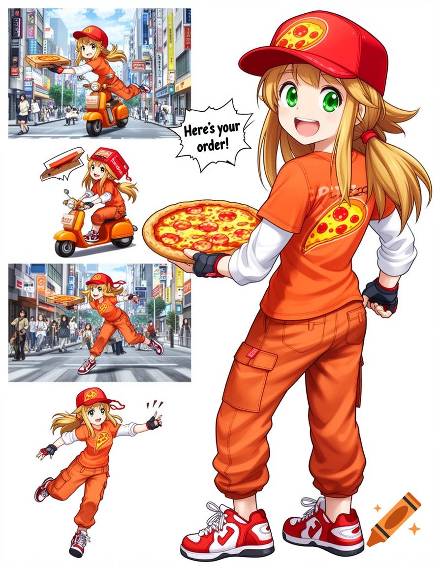 An anime pizza delivery girl in an orange uniform and red cap holds a pizza, with several other poses and a city background montage.