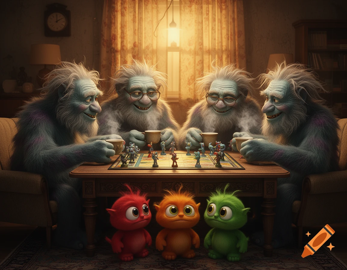 Four furry blue-grey monsters with wild hair play a board game with tiny monster figures in a cozy living room, while three colorful baby monsters sit on the floor.