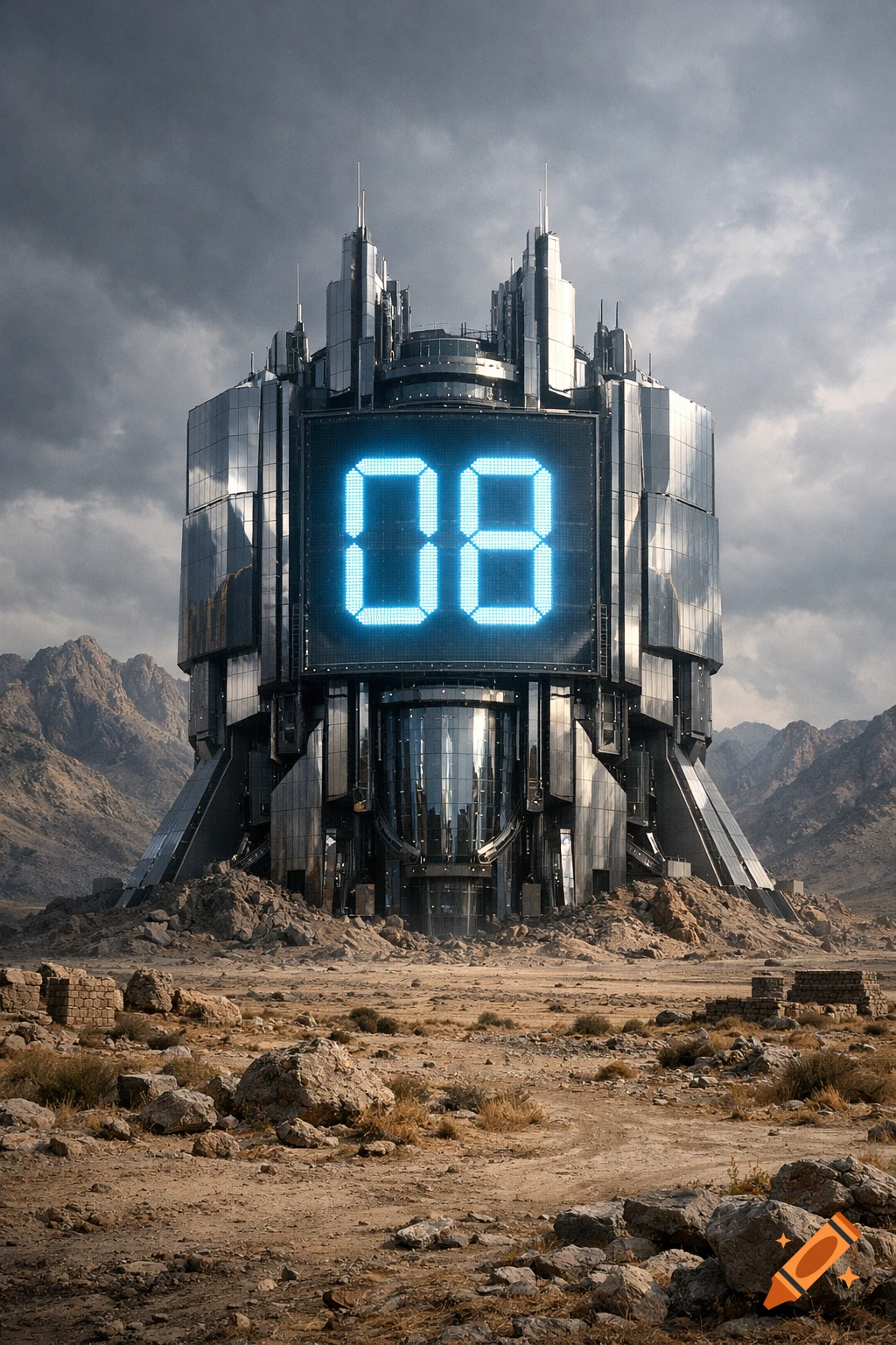 A towering, futuristic glass and metal megastructure with a glowing blue '08' display stands in a rocky desert landscape under a cloudy sky.