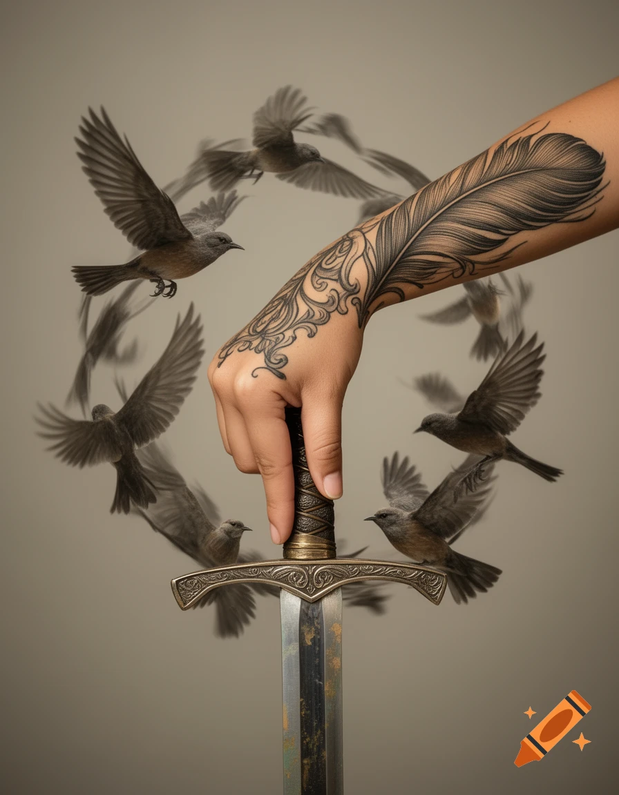 A hand with a feather tattoo holds an ornate sword, surrounded by birds in flight, against a neutral background.