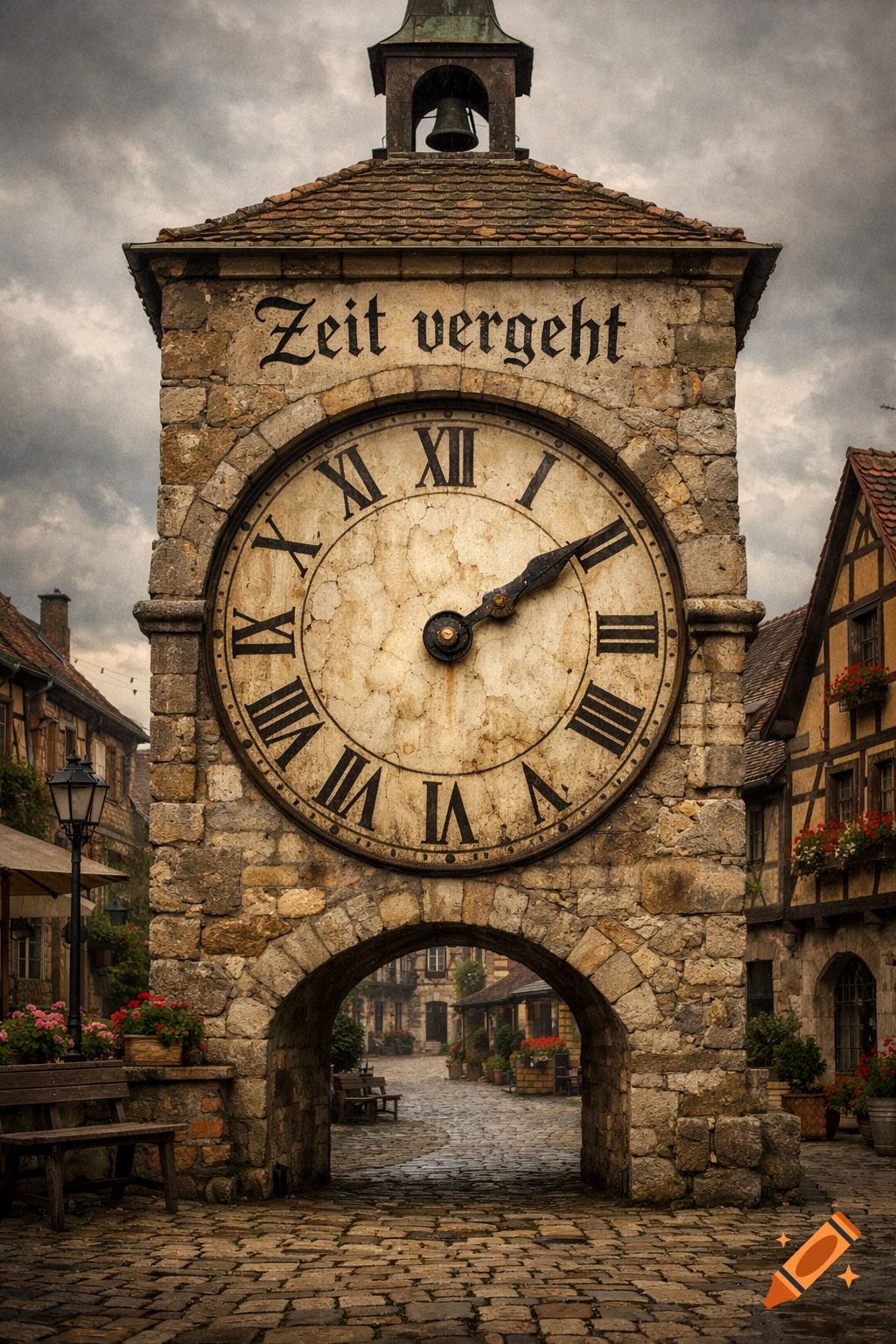 Photorealistic image of an old stone clock tower with Roman numerals, an archway, and medieval village buildings under a cloudy sky.