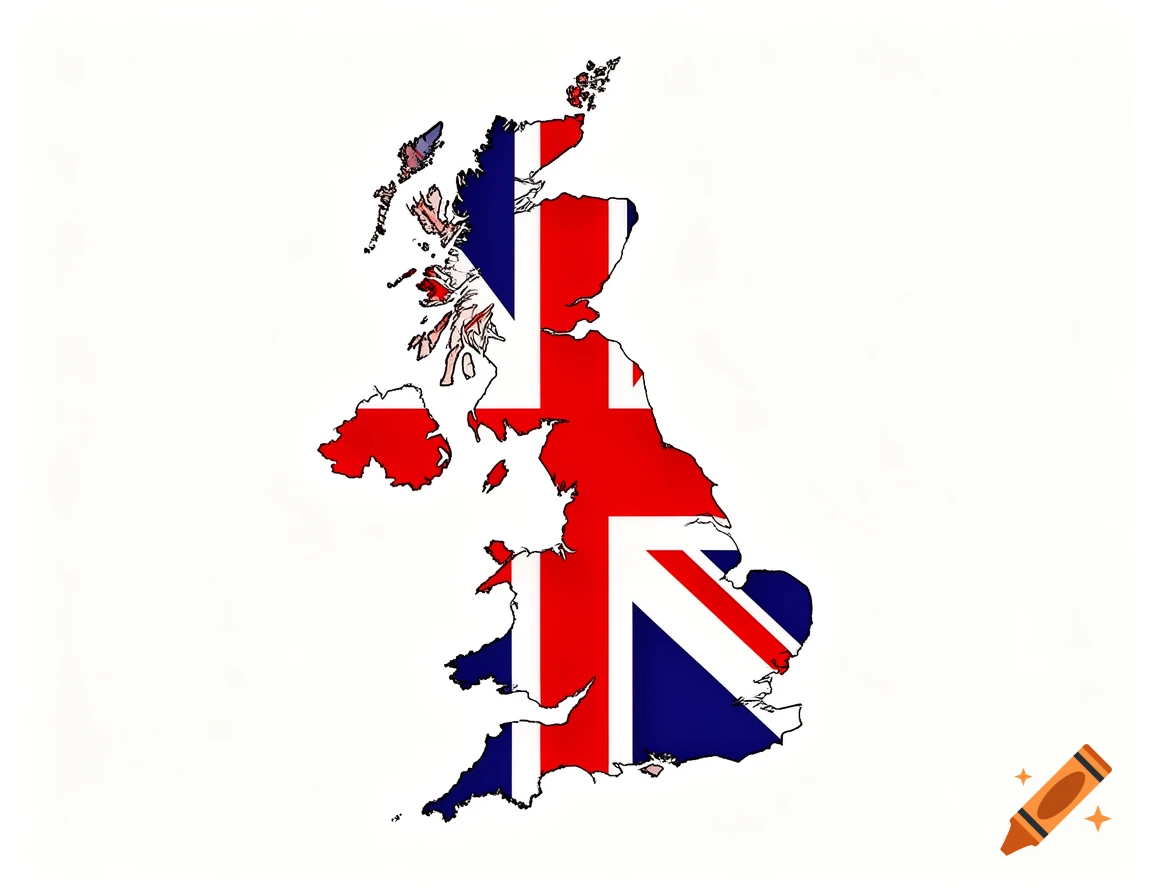 A map of the United Kingdom and Ireland, filled with the design of the British Union Flag against a white background.