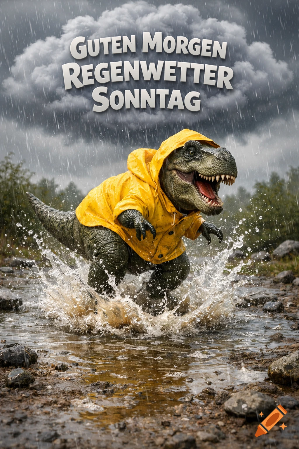 A T-Rex in a yellow raincoat splashes through a puddle in the rain, with 'Guten Morgen Regenwetter Sonntag' text in a cloud.
