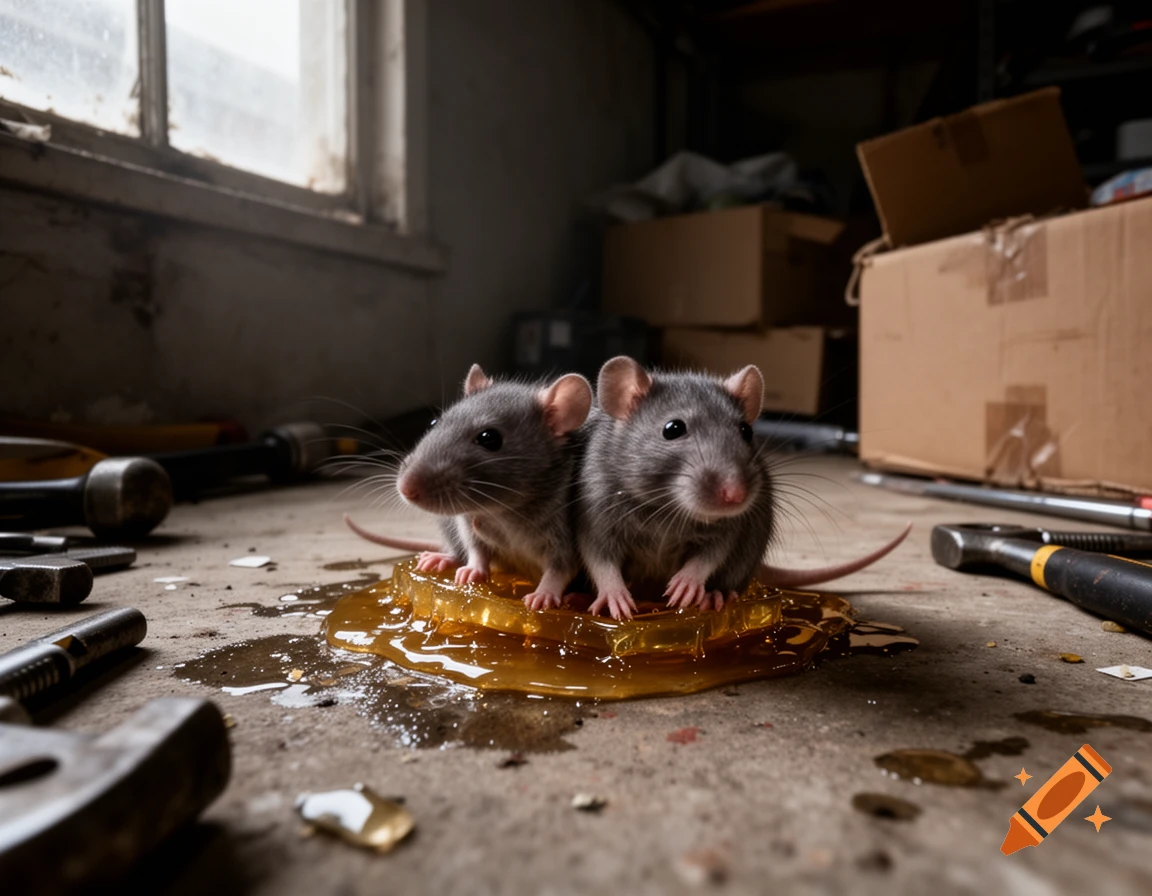 Two small gray rats are stuck in a puddle of golden glue on a dirty garage floor amidst tools and boxes.