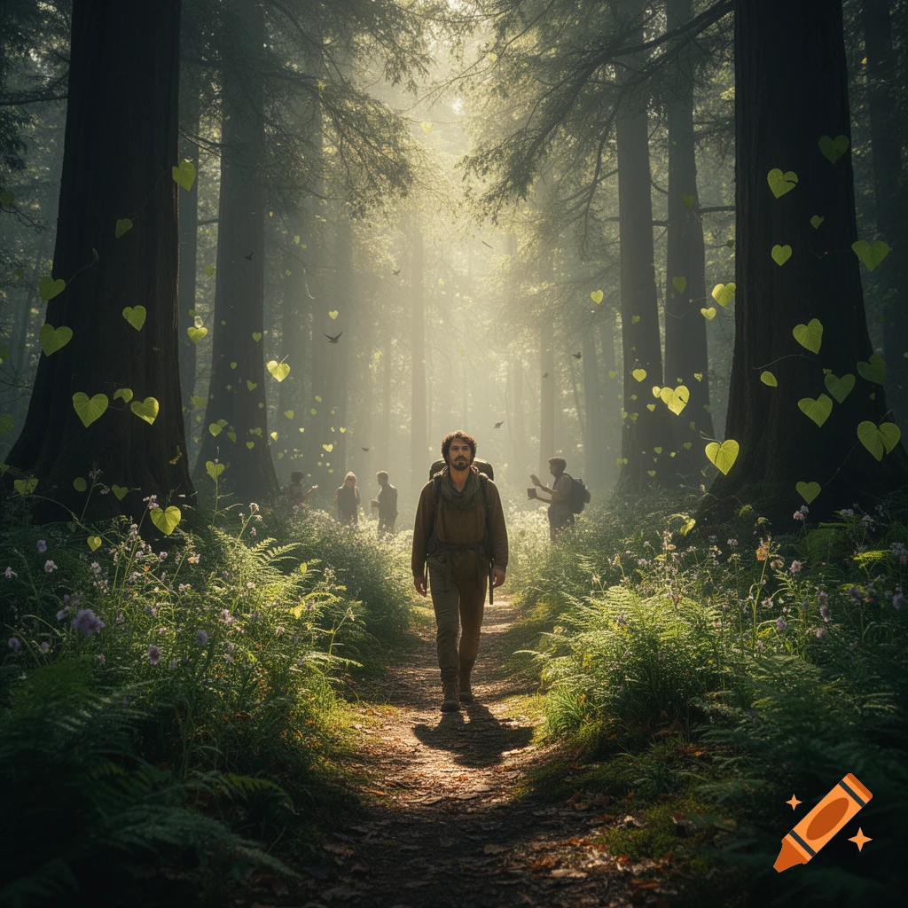A lone person hikes through a sunlit, misty forest with glowing heart-shaped leaves floating around them.