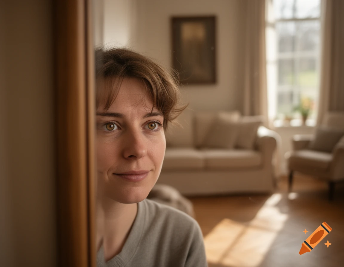 A photorealistic portrait of a woman with short brown hair peeking from behind a doorframe, smiling subtly, with a blurred living room in the background.
