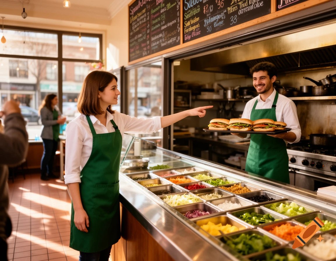 A female cashier points to a male worker holding a tray of sandwiches behind a salad bar in a sunny sandwich shop.