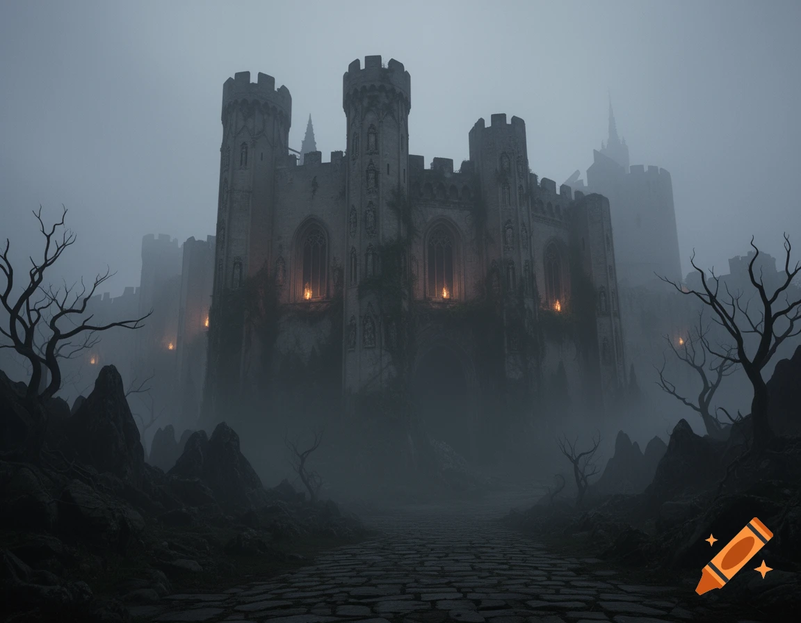 A formidable gothic castle shrouded in dense fog, with glowing windows ...