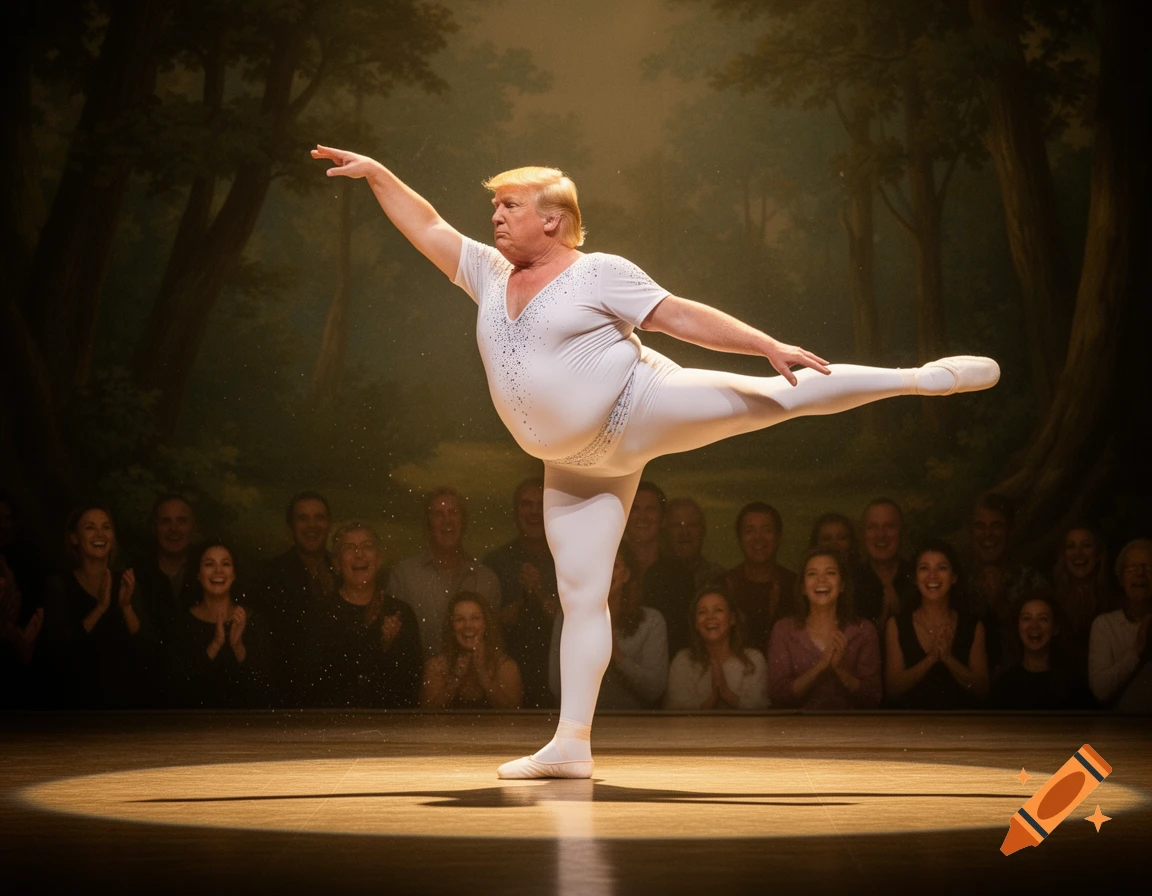 A man resembling Donald Trump performs ballet in an arabesque pose on a brightly lit stage with an audience and forest backdrop.