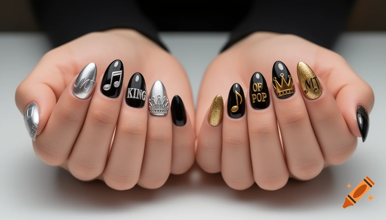 Two hands display black, silver, and gold almond-style nails featuring 'MJ', 'KING', 'OF POP' text, music notes, and crowns.