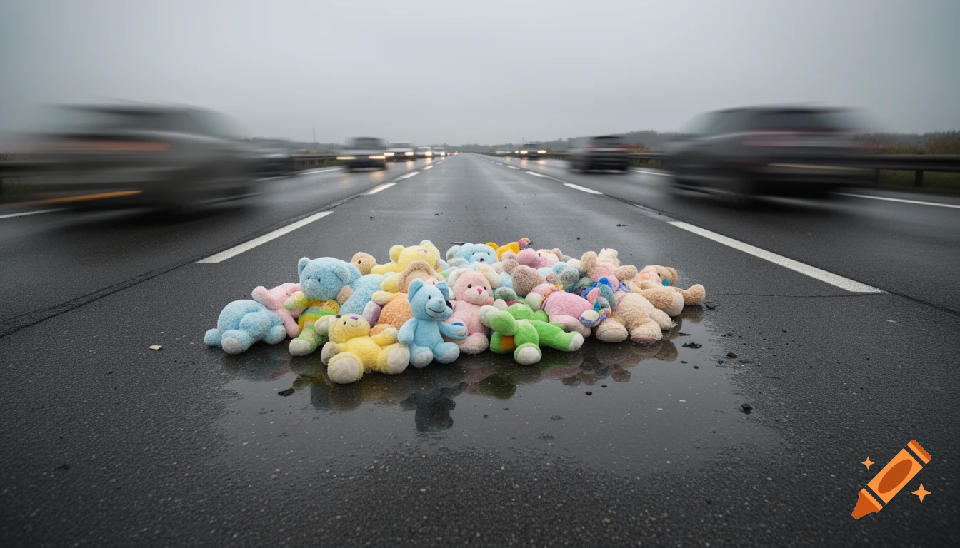 A pile of colorful stuffed animals lies on a wet, dark highway with blurred cars speeding past on a cloudy day.