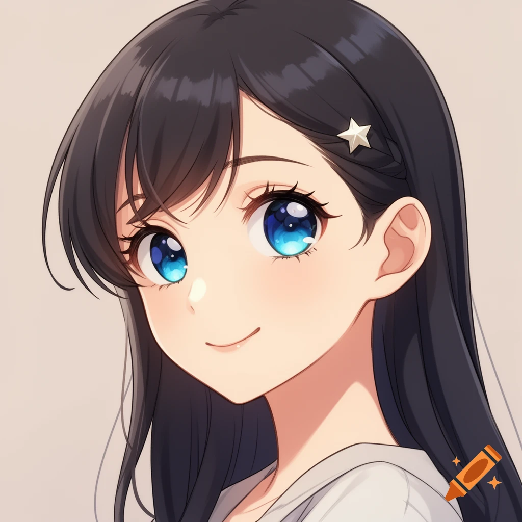 An anime portrait of a smiling young girl with long dark hair, blue eyes, and a star hair clip.