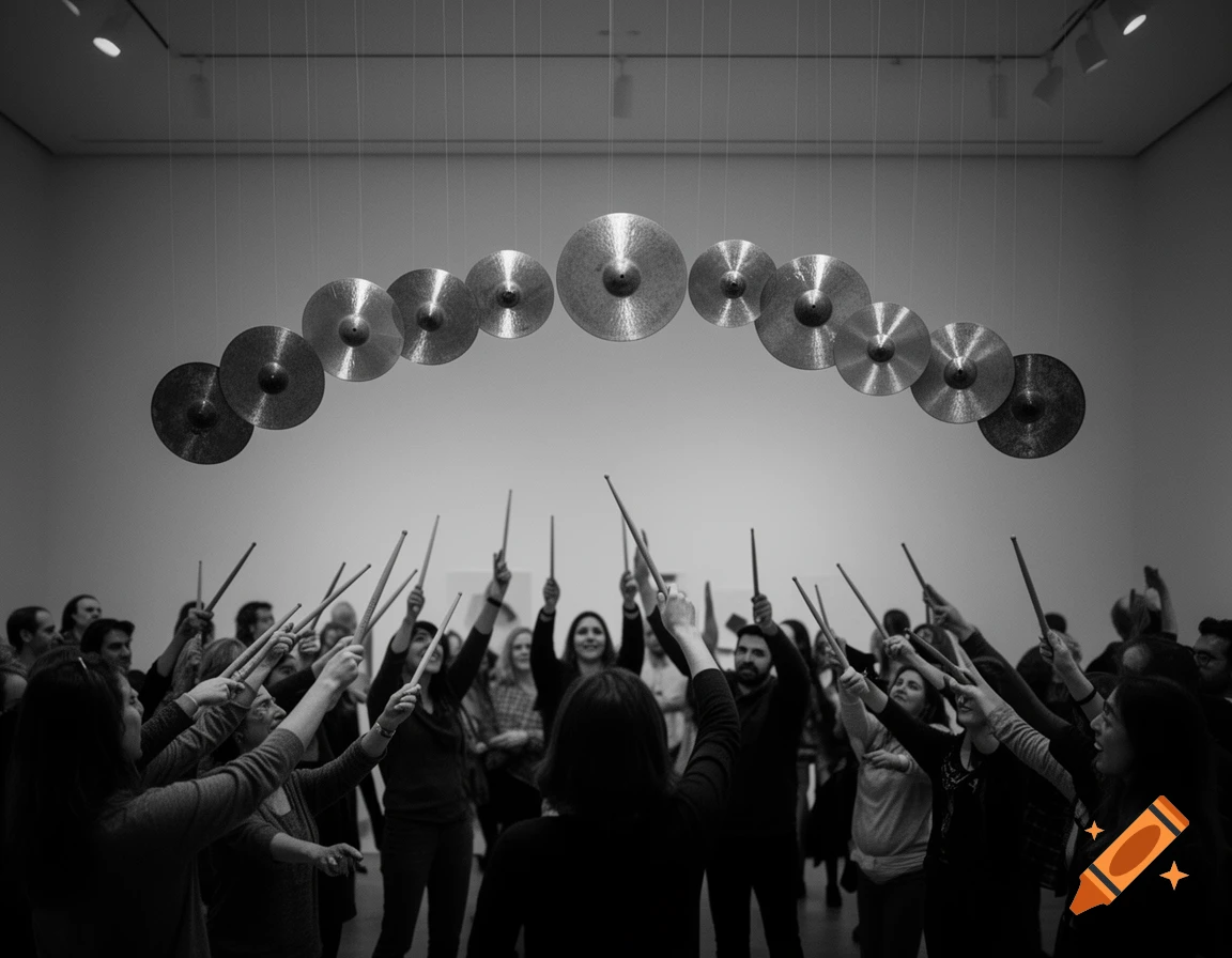 Black and white photo of an audience playing suspended cymbals with drumsticks in an art installation.