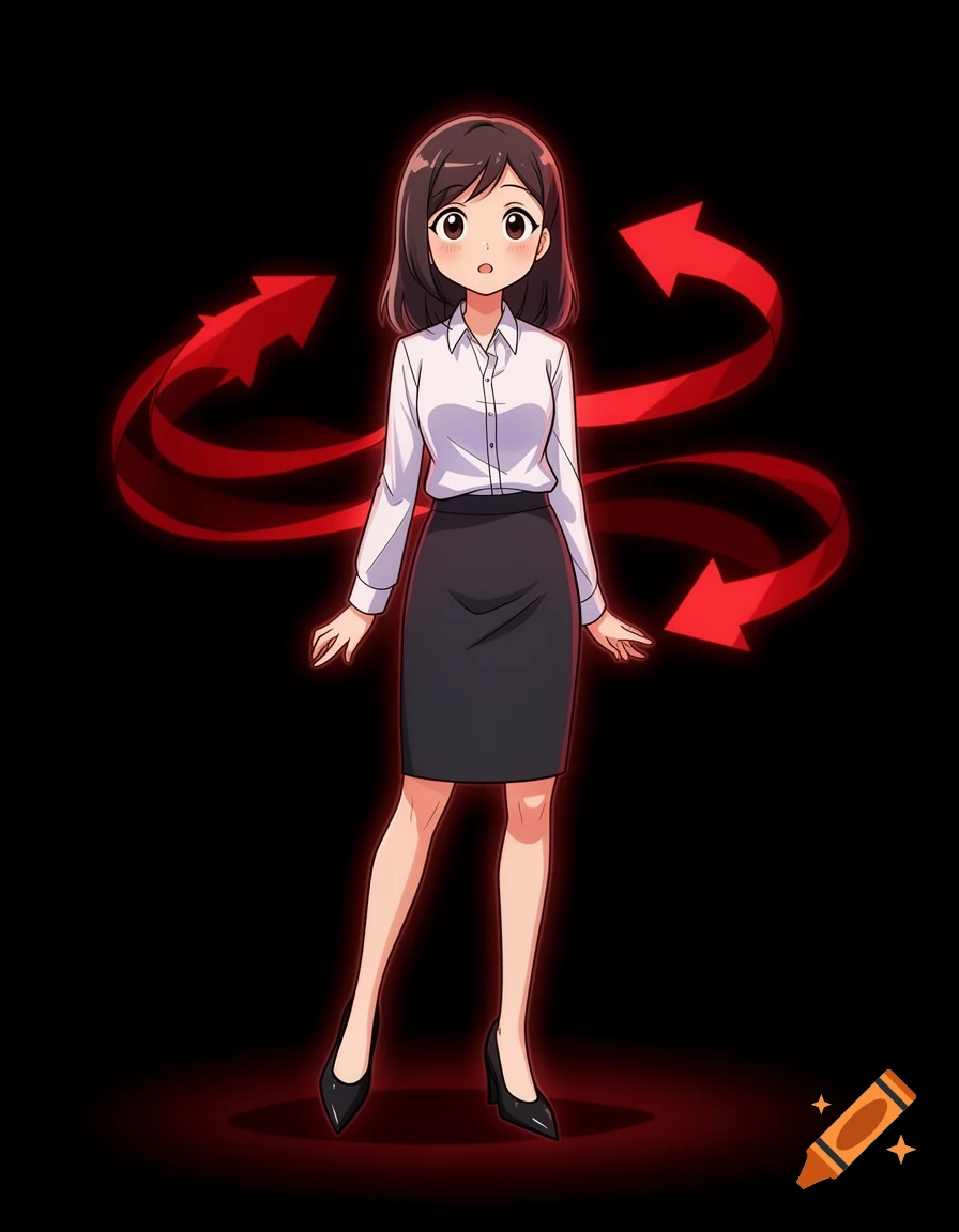 An anime-style girl in a white shirt and black skirt stands against a black background with swirling red arrows.