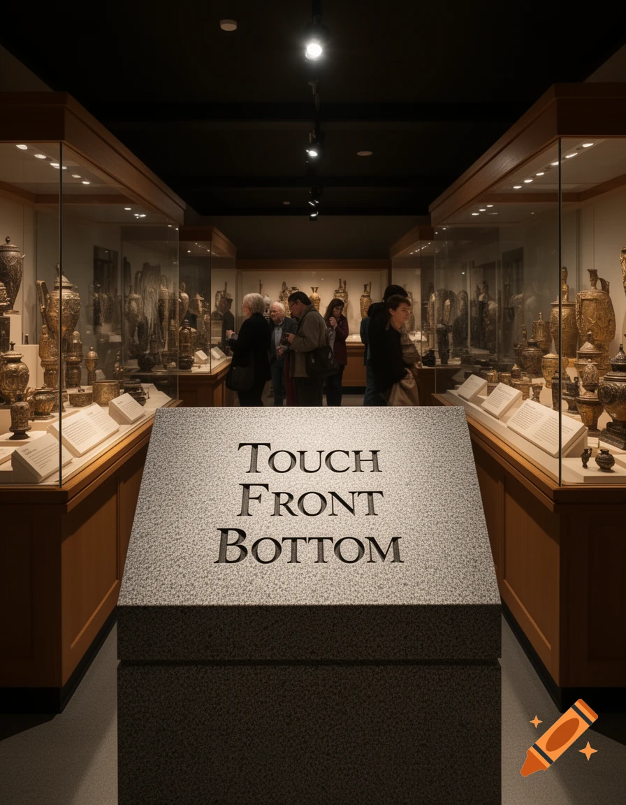 Museum interior with display cases of ornate artifacts, visitors, and a stone pedestal in the foreground inscribed 'TOUCH FRONT BOTTOM'.