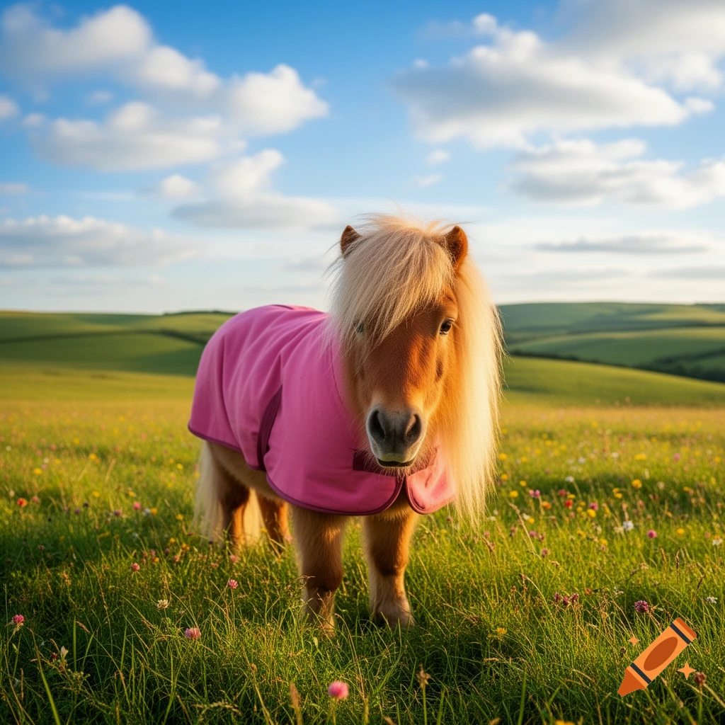 A brown Shetland pony with a long blonde mane and a pink blanket stands in a sunny green field filled with wildflowers.