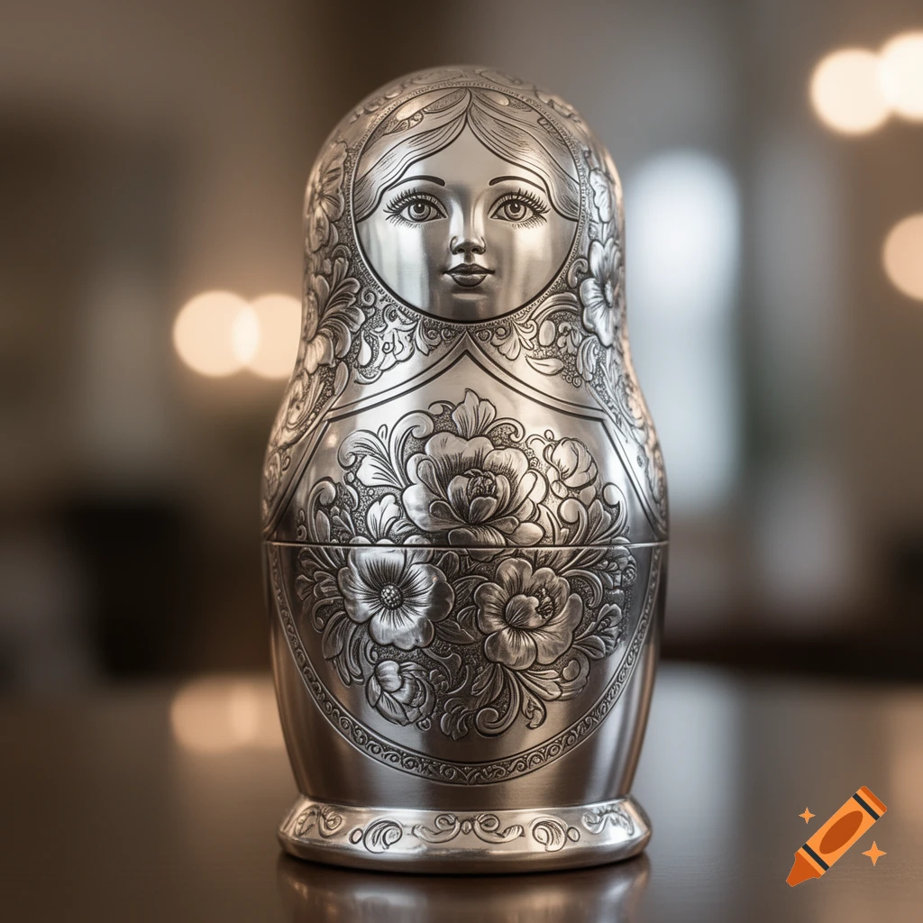 A gleaming silver matryoshka doll with intricate floral engravings on a blurred background.