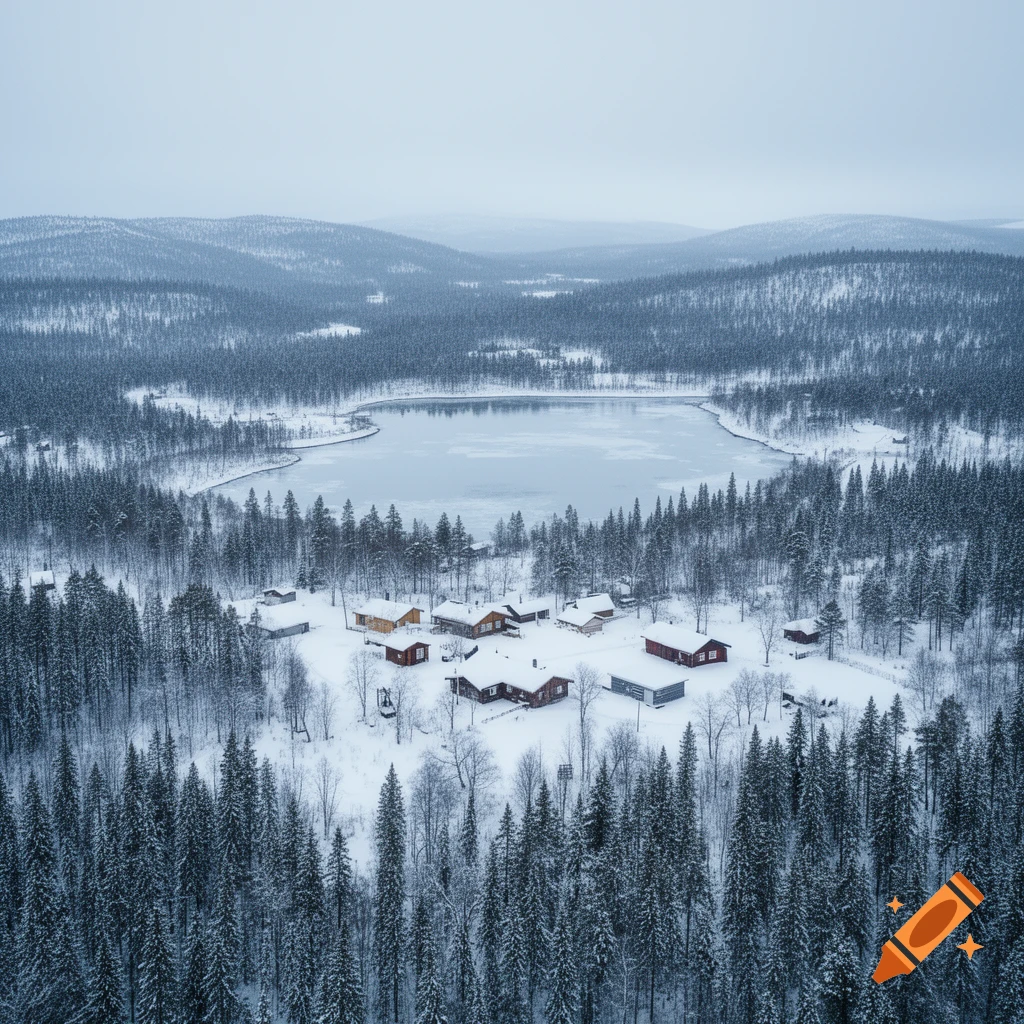 Aerial view of a snow-covered village with red and yellow houses nestled in a dense pine forest next to a frozen lake under a grey sky.