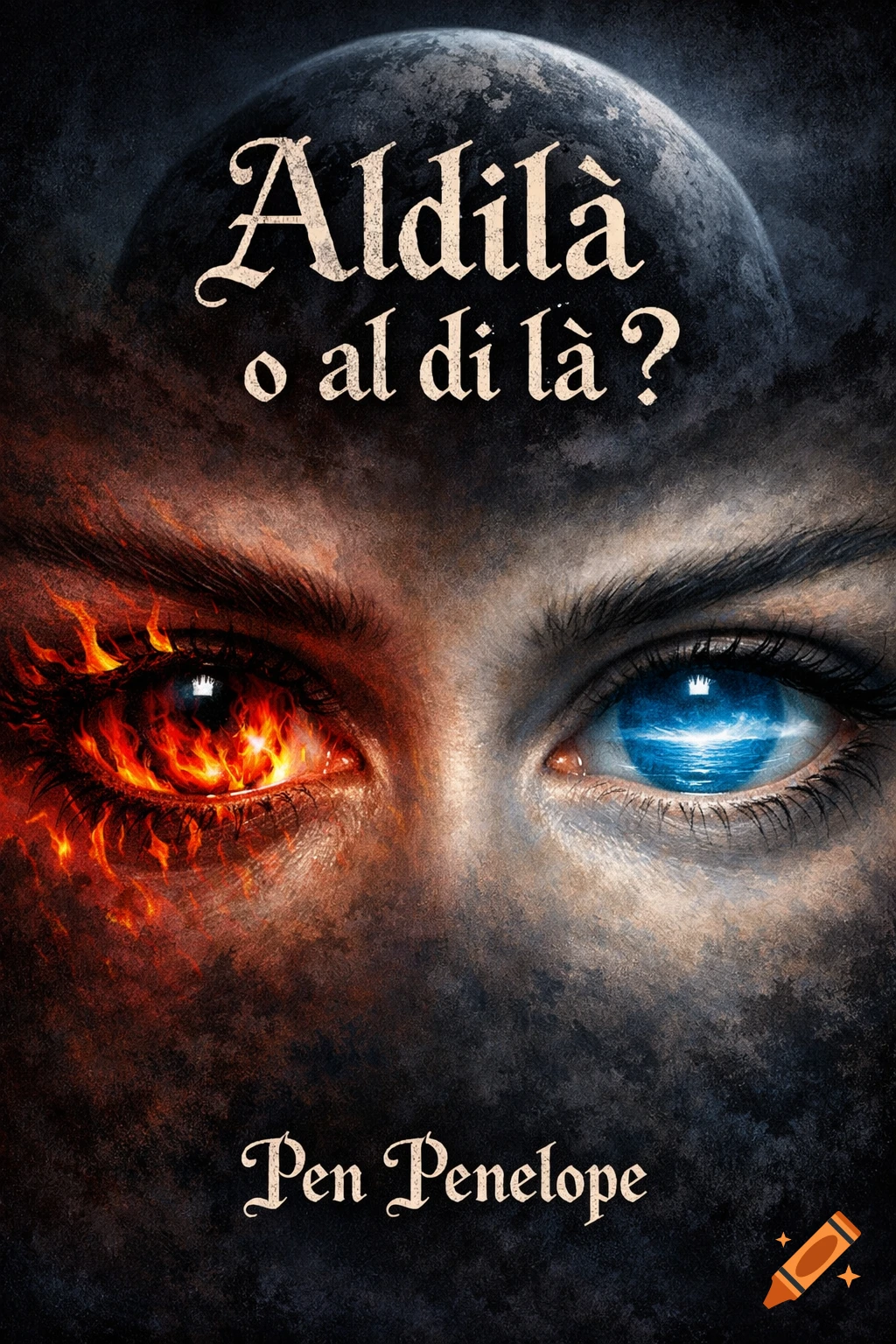 Dark fantasy book cover featuring a face; one eye glows with fire, the other contains an ocean scene, under a dark moon. Title: Aldilà o al di là?